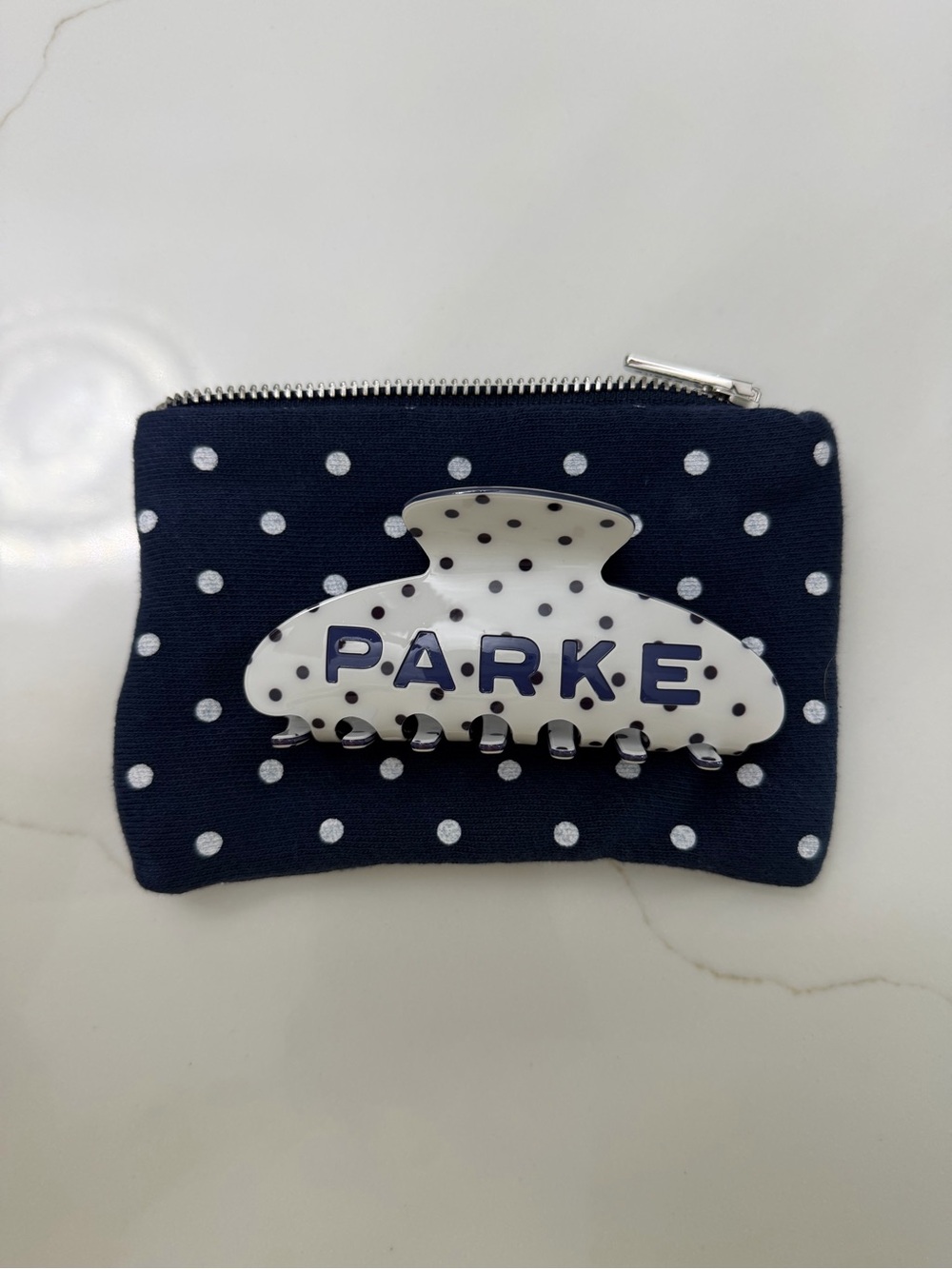 Parke White & Navy Polka Dot Hair Clip with pouch Brand New (never used)